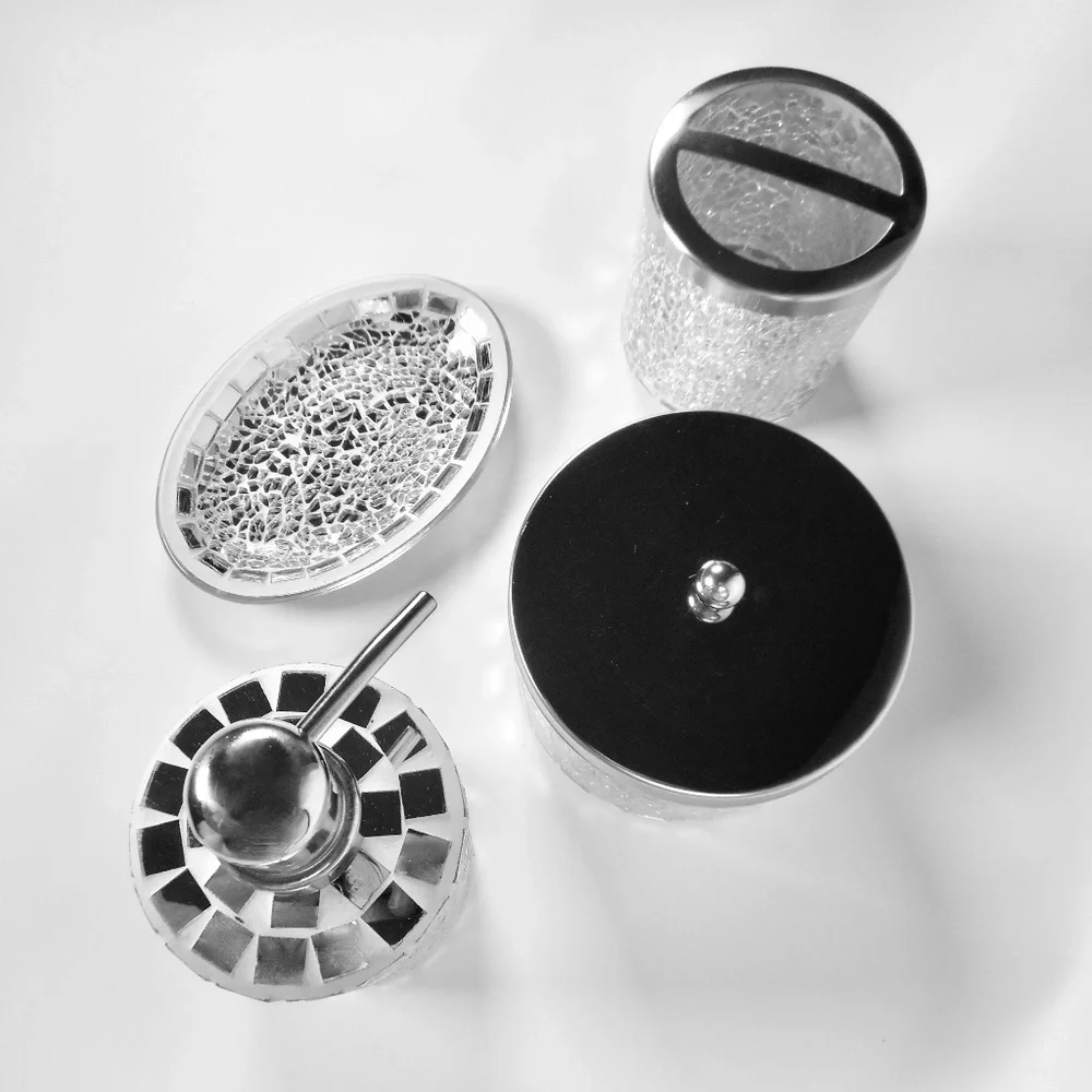 4 pc Mosiac Silver Mirror Glass Soap Dispenser Dish Jar Toothbrush Holder Bling